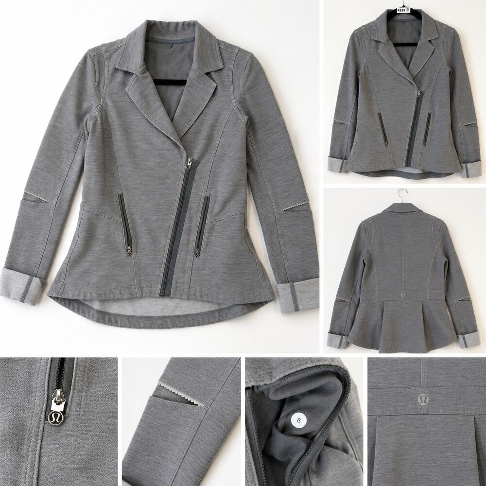 Lululemon Gray Asymmetrical Zip Peplum Jacket Women's Size 8 Athletic Blazer